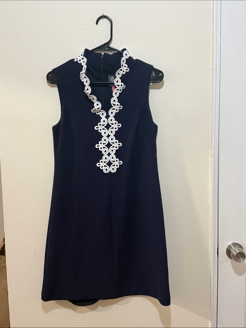 Vince Camuto Navy Sleeveless Shift Dress with White Crochet Placket